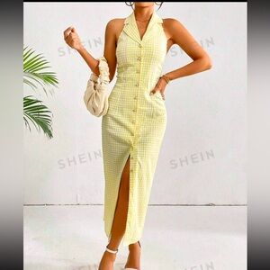 SHEIN Privé Gingham Print Button Front Halter Dress